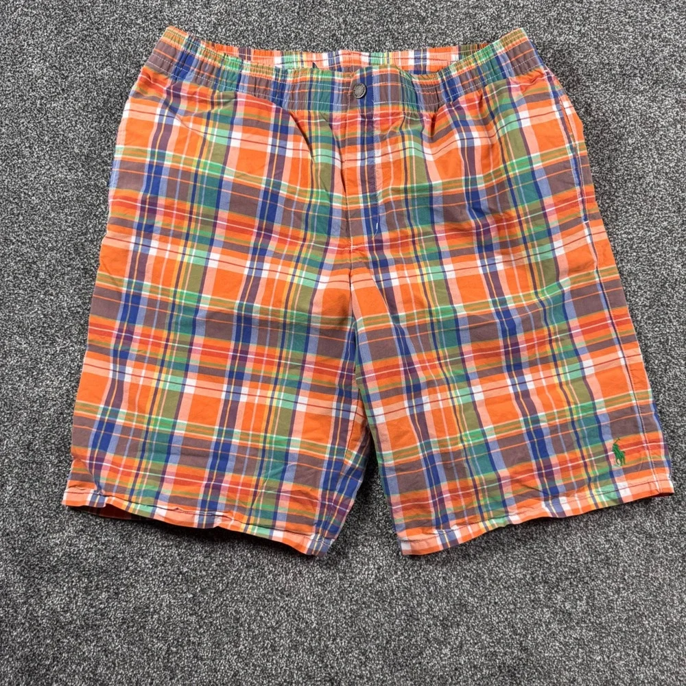 Polo Ralph Lauren Swim Trunks Men's XL Orange Plaid Mesh Lined Drawstring Shorts